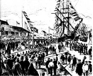 Mrs Hare, then Mayoress of Bristol, lays the first rail of the Bristol Harbour Tramway in connection with the construction of the Bristol & North Somerset Railway on 8th October 1863.